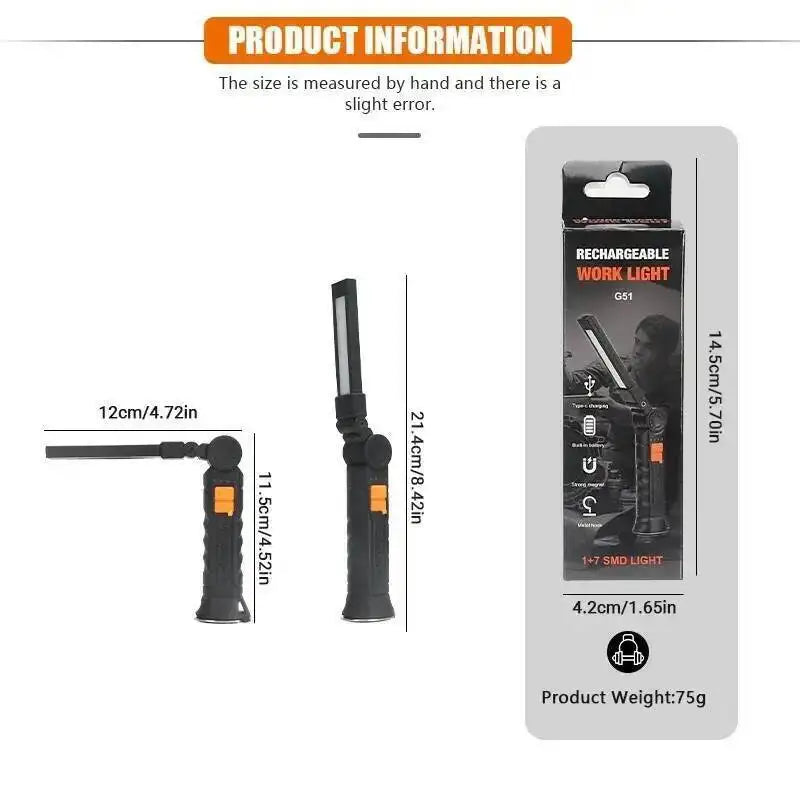 Portable COB LED Flashlight USB Rechargeable Work Light Magnetic Lanterna Hanging Lamp with Built-in Battery Camping Torch